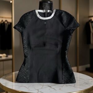 CHANEL Black Short-Sleeve Top with White Contrast Neck